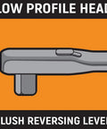 Illustration of low profile head and flush reversing lever on Three Eighths Inch Drive Flex Head Teardrop Ratchet With 120XP