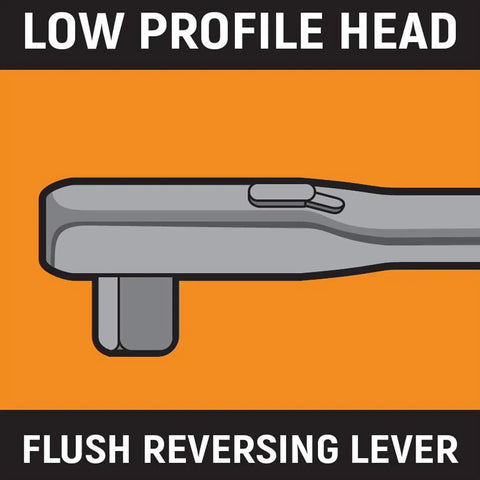 Illustration of low profile head and flush reversing lever on Three Eighths Inch Drive Flex Head Teardrop Ratchet With 120XP