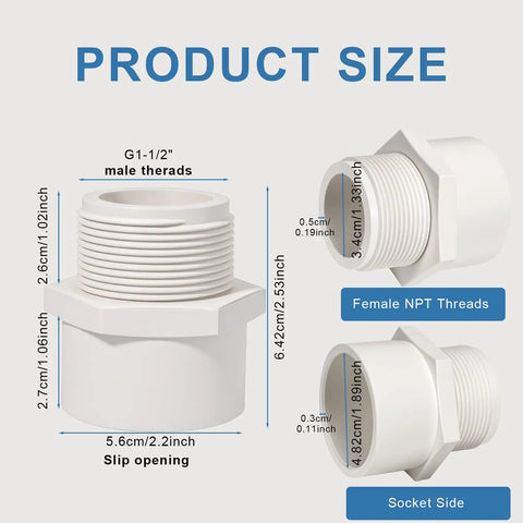 Two Pack One And A Half Inch PVC Male Thread Fittings With Slip Socket Two Way Pipe Couplers For Schedule Forty PVC White product size diagram