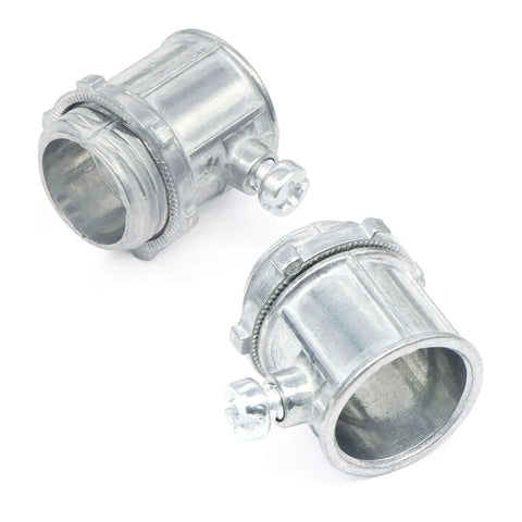 25 Pack Half Inch EMT Set Screw Connectors Zinc Die Cast Electrical Conduit Fittings showing two connectors