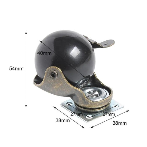Top Shelf 4 Pack Heavy Duty Furniture Caster Wheels In Antique Brass With 360 Degree Swivel Tops that feature a black ball design and dimensions.