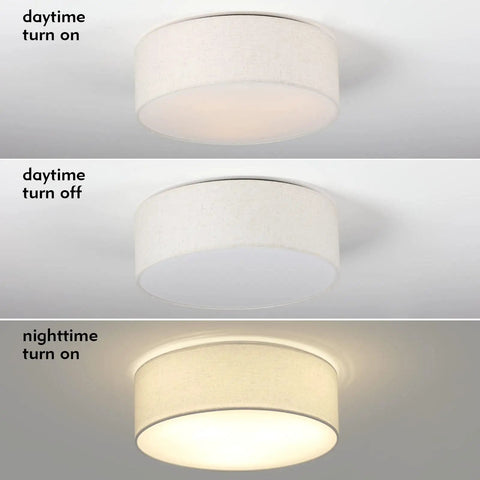 Three Light Drum Ceiling Light Fixture With Linen Fabric Shade Modern Farmhouse Flush Mount Round Lighting, daytime and nighttime views.