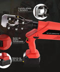 Badass Battery Powered Hydraulic Cable Cutter For Fast Clean Cuts On Thick Copper Armored Wire By Pro Tradesmen, showing sharp blade and battery.