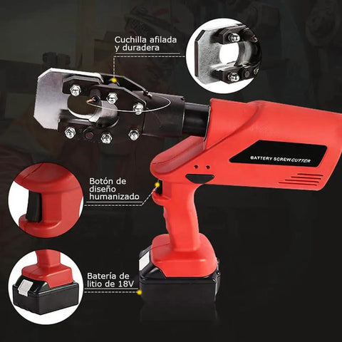 Badass Battery Powered Hydraulic Cable Cutter For Fast Clean Cuts On Thick Copper Armored Wire By Pro Tradesmen, showing sharp blade and battery.