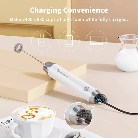 Rechargeable Milk Frother With 3 Heads, USB C Handheld Foam Maker, Waterproof Detachable Stainless Steel Whisk, Stand Included, Electric Drink Mixer For Lattes And Cappuccinos, Rich Foam Anytime shown charging with USB cable on kitchen counter.