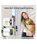 Straight Up Secure Keyless Entry Deadbolt Lock With Fast Fingerprint Scan Bluetooth App Control And Password Backup Key displayed at door with woman holding groceries.