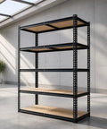 Heavy Duty Five Tier Metal Shelving Rack Featuring Reinforced Steel Frame And Durable Mdf Boards Holds Sixty Five Pounds Per Level in a modern setting.