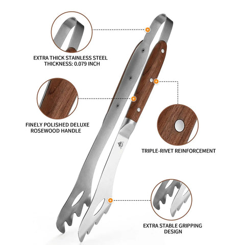 Heavy Duty Rosewood Handle BBQ Grill Tongs Measuring 16.7 Inches Long with stainless steel and detailed design features.