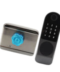 Rock Hard Aluminum Alloy Smart Deadbolt Featuring Rapid Fingerprint Reader Dual Key Cards App Management And Quick Password Code installed with a stylish panel.