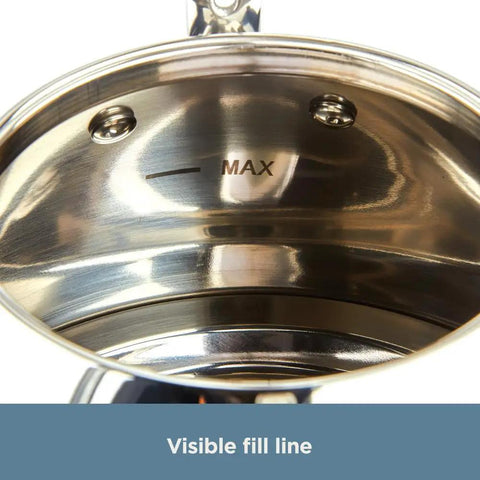 Specialty Stainless Steel Tea Kettle, 2 Quart, Induction Ready Pot with visible fill line inside view.