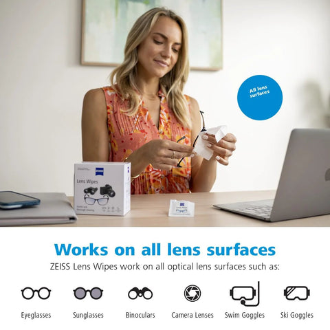 ZEISS Pre-Moistened Lens Cleaning Wipes, 200-count box on desk; person holding glasses
