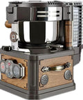 Pro grade electric coffee bean roaster with stainless steel drum and wooden base for home barista game.