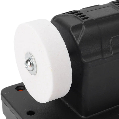 Close-up of the Heavy Duty 3 Inch Mini Bench Grinder's white buffing wheel mounted on the all copper motor.