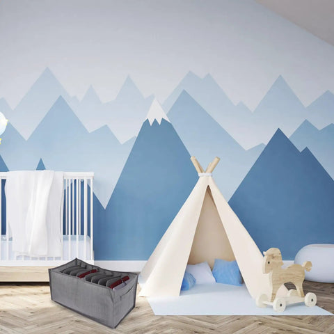 Nine Compartment Fabric Drawer Organizers Designed For Sick Bedroom Storage Setup Straight Up Game Changing Closet Solution Perfect For Folding Tees Bras And Pants in grey beside a children's teepee.