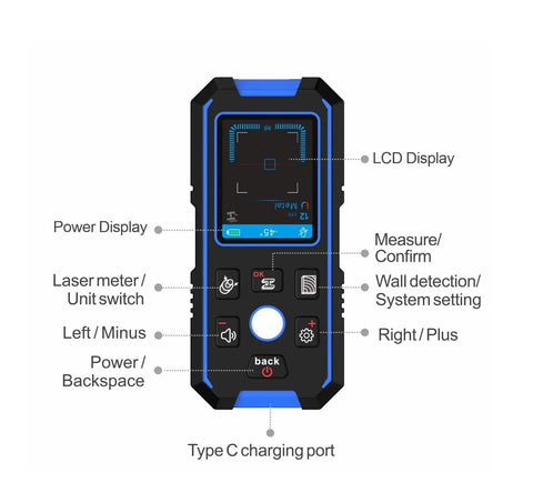 No Sweat Stud Finder And Wall Scanner With Built In Metal Detector showing LCD display, buttons and Type C charging port.