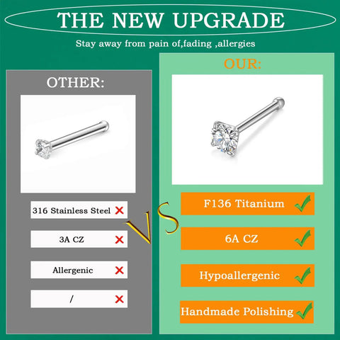 Comparison of Premium Titanium Corkscrew Nose Studs With Cubic Zirconia Tops, highlighting G23 titanium versus 316 stainless steel.