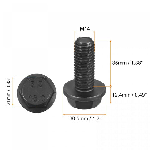 Heavy Duty M14X35mm Hex Flange Bolts 10.9 Grade Carbon Steel Screws Black Oxide showing dimensions and design details.