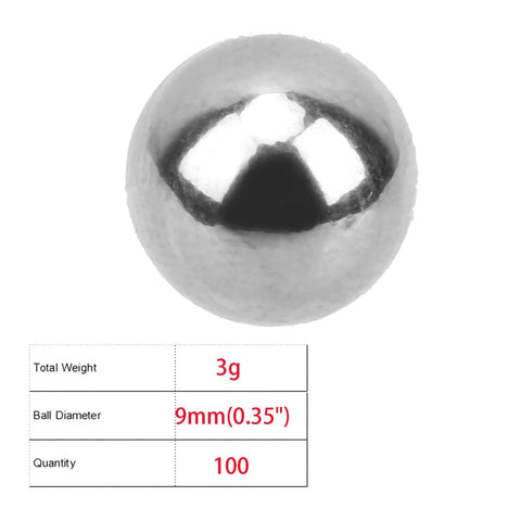 Grab a Fresh Pack of 100 Pieces 304 Stainless Steel Bearing Balls 9mm 0.35 Inch showing a shiny steel ball with specs.