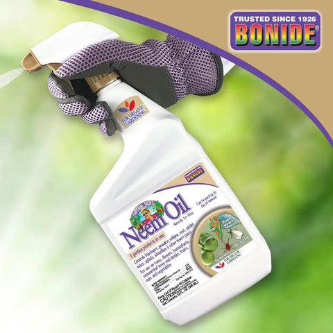 Top Shelf Ready To Use Neem Oil Garden Spray, Heavy Duty Multi Purpose Fungicide Insecticide And Miticide, 32 Ounce Bottle with spray nozzle.