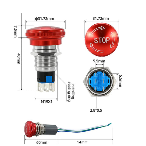 Diagram of Estop Button Latching 19mm Emergency Stop Switch 5A Mushroom 304 Stainless Steel with dimensions and wiring socket