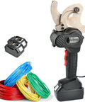 High Power Electric Ratchet Cable Cutter With Battery Powered Hydraulic Jaw For Cutting Copper And Aluminum Wires In Industrial Settings Portable Beefy Wire Cutting Solution With 120kN Clamping Force shown with battery and colorful wires