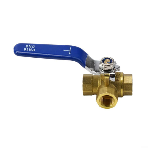 Heavy Duty 3 Way Brass Ball Valve With LT Bore Internal Thread 16 Bar Pressure Rating For Water Oil And Gas Plumbing Installs, side view.