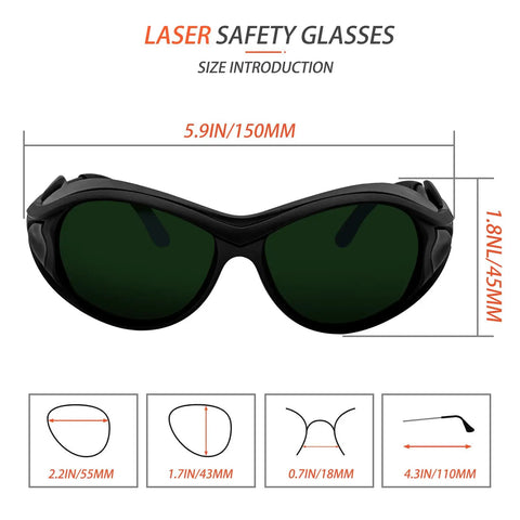 Kickass Five Pack Od4 Plus Laser Safety Glasses For 650 Nm Light With Hella Secure Wrap Around Coverage And En207 Certified Shielding, size introduction dimensions.
