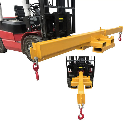 Top Tier Badass 5 Ton 11000 Lb Bidirectional Adjustable Crane Boom Forklift Attachment positioned on forklift for heavy lifting.