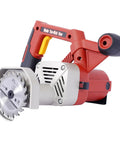 Heavy Duty Corded Toe Kick Circular Saw Delivers Knockout Flush Cuts And Quick Dial In Precision Depth Adjustments For Slick Cabinet Install And Floor Trim Work, side view showing the blade and handle.