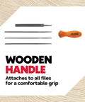 Universal Chainsaw Field Sharpening Kit With Round Files In Five Thirty Second Inch Three Sixteenth Inch And Seven Thirty Second Inch Plus Flat File Handle Filing Guide And Pouch For On The Job Pro Grade Sharpening showing wooden handle and files.