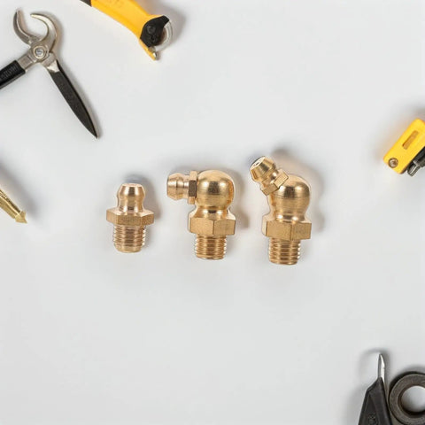 Top Notch Grease Nozzle Fitting Kit With Threaded Copper M8 Nipples For Cars And Excavators Featuring Precision Fit And Easy Swap-Out Hydraulic Accessories That Make Maintenance A Total Breeze. M8 copper grease nozzles, threaded brass fittings shown flat lay