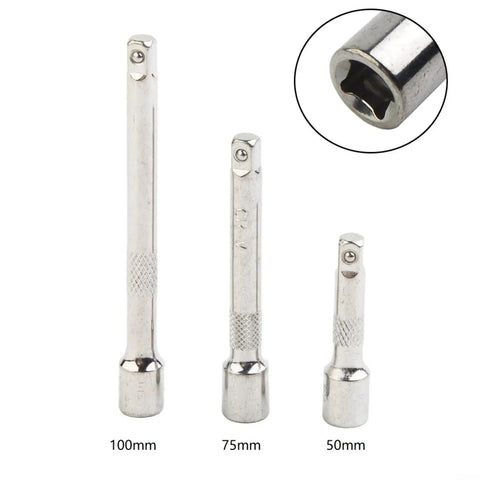Three Heavy Duty 1/4 Drive Socket Wrench Extension Bar Chrome Steel Flex Adapter sizes 100mm, 75mm, 50mm for tight spaces.
