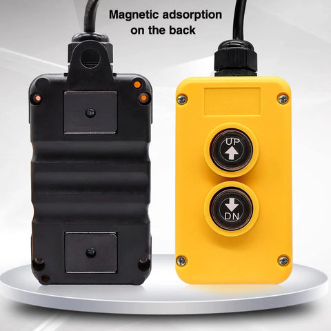 Dump trailer remote control: yellow handheld unit with Up and Down buttons; black receiver shown beside it.