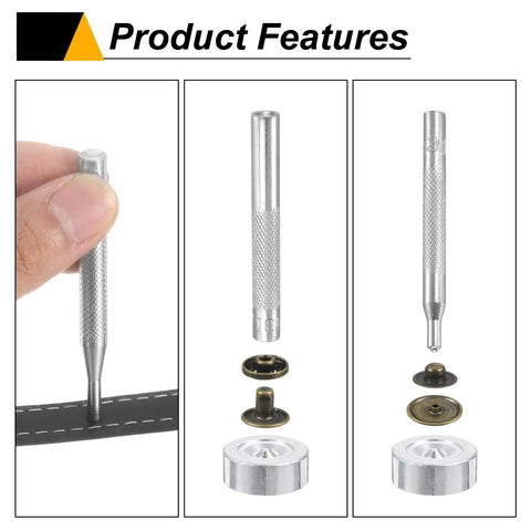 Heavy Duty Leather Snap Fastener Kit 42 Pieces Bronze Tone Press Stud Closure Buttons installation tools showing features and parts.