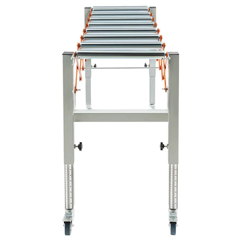 Heavy Duty Adjustable Conveyor Roller Table With Extendable Wheels For Mortising Machines And Planers Ready To Roll Rolling Cart Built To Last With Durable Steel Frame Silver Finish, front view showing roller design and sturdy frame.