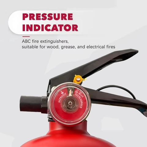 Close-up of the pressure indicator on a 2.5 Lb ABC fire extinguisher for home safety, handling grease and electrical fires.