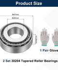 30204 Tapered Roller Bearing Cone And Cup Assembly Two Pack Heavy Duty Workhorse showing dimensions 20Mm x 47Mm x 15Mm with gloves