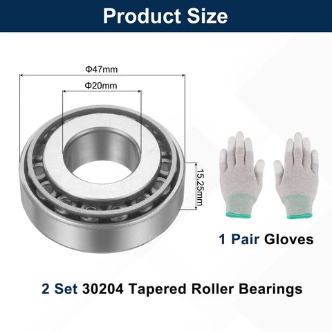 30204 Tapered Roller Bearing Cone And Cup Assembly Two Pack Heavy Duty Workhorse showing dimensions 20Mm x 47Mm x 15Mm with gloves