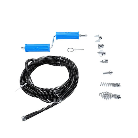 Heavy Duty Drill Powered Drain Snake And Flexible Auger Cable with black spiral wire and various cutter heads for plumbing use.