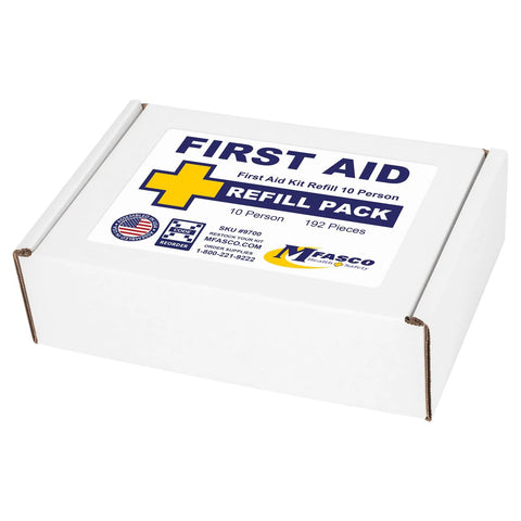 MFASCO First Aid Kit Refill Pack for 10 people, white box with blue and yellow First Aid label, 192 pieces.