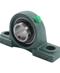 Built Tough Pro Grade Self Aligning Pillow Block Bearing Heavy Duty Chrome Steel 1 1/4 Inch Bore shown at an angle, green cast iron housing.
