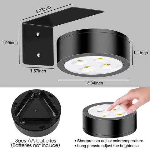 Must Have Picture Lights For Wall Magnetic Art Display Light Battery Operated LED Painting Light With Remote Control Dimmable And Timer 3 Pack Black Three Lighting Modes For Gallery Wall, showing dimensions and battery compartment