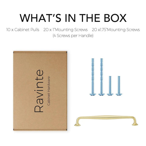 Top Tier Brushed Gold Cabinet Handles And Solid Metal Pulls For Kitchen Drawers 7 1 2 Inches Center To Center 10 Pack No Sweat Install Knockout Decor Hardware included with mounting screws.