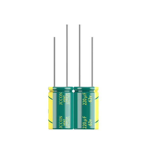 10 Pack 63V 220uF Low ESR Electrolytic Capacitors 10X17MM, stacked view showing capacitor labels and leads for circuit board use.