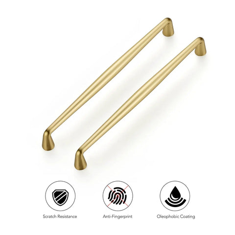 Top Shelf Brushed Gold Cabinet Handles Solid Zinc Alloy 7 1/2 Inch Center To Center 5 Pack showing two sleek pulls.