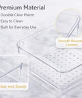 Close-up of 13 Piece Clear Drawer Organizer Set For Bathroom And Kitchen with smooth rounded corners and sturdy plastic design.