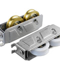 Heavy Duty Stainless Steel Double Wheel Cupboard Door Rollers For Smooth Glide Sliding Cabinet Tracks And No Sweat Furniture Hardware Swaps In Two Piece Lot with gold and white wheels.