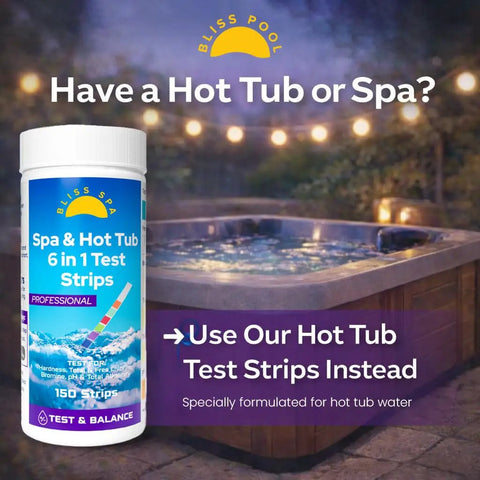 7 In 1 Pool Test Strips With App 150 Count Extra Long Strips for chlorine pH alkalinity hardness with hot tub in background.