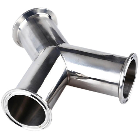 Y Shaped 3 Way Sanitary Pipe Fitting Tri Clamp 304 Stainless Steel Built Tough Durable Connector, front view, shiny finish