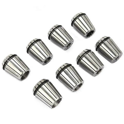 Rock Solid 8 Piece ER32 Spring Collet Chuck Set Forged From Heavy Duty Manganese Steel For CNC Milling And Lathe Work Precision Grip Shock Resistant Tool Holder displayed from an angled view.